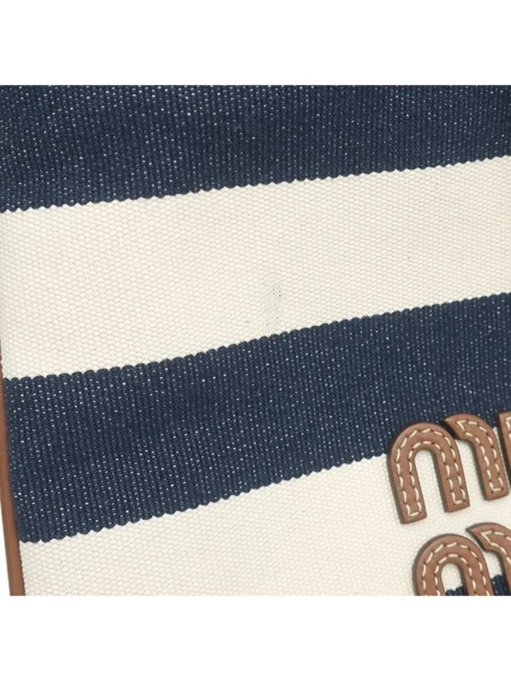 Miu Miu Handbag Drawstring Pouch Canvas Leather Navy Natural Gold Striped